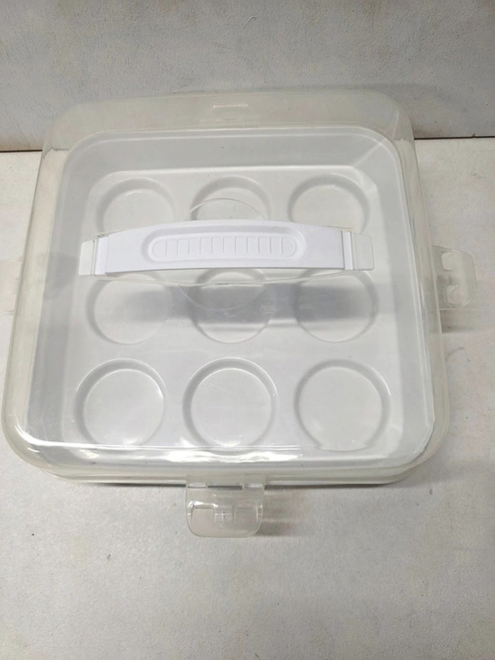 9 Cup Cupcake Muffin Carrier Clear Plastic Lid Handle Locking Latches White
